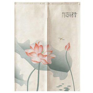 Floral Print Curtains Pink Lotus Flowers Green Lilypads Japanese Noren Art New